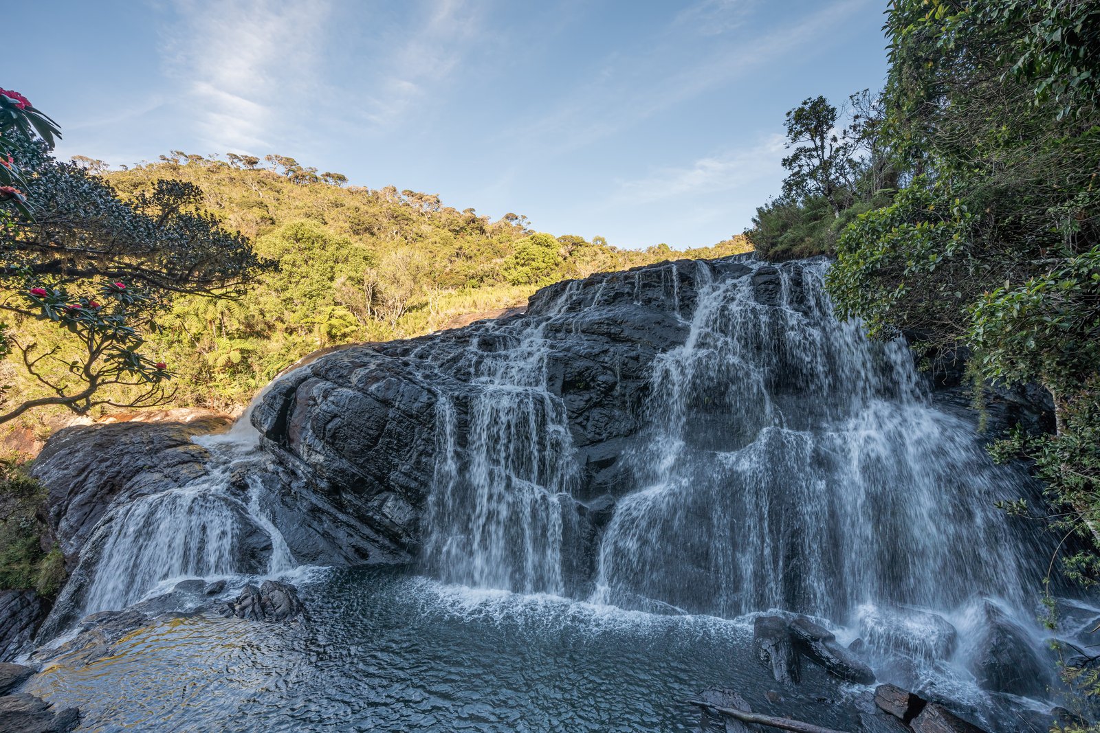 Baker’s Falls on the Horton Plains loop — the shaded waterfall half-way round the 9 km circuit
