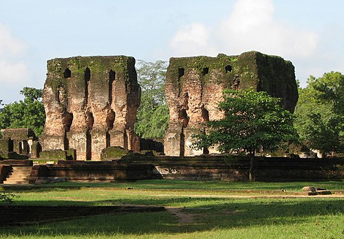 Ancient ruins and stone structures at Polonnaruwa archaeological site