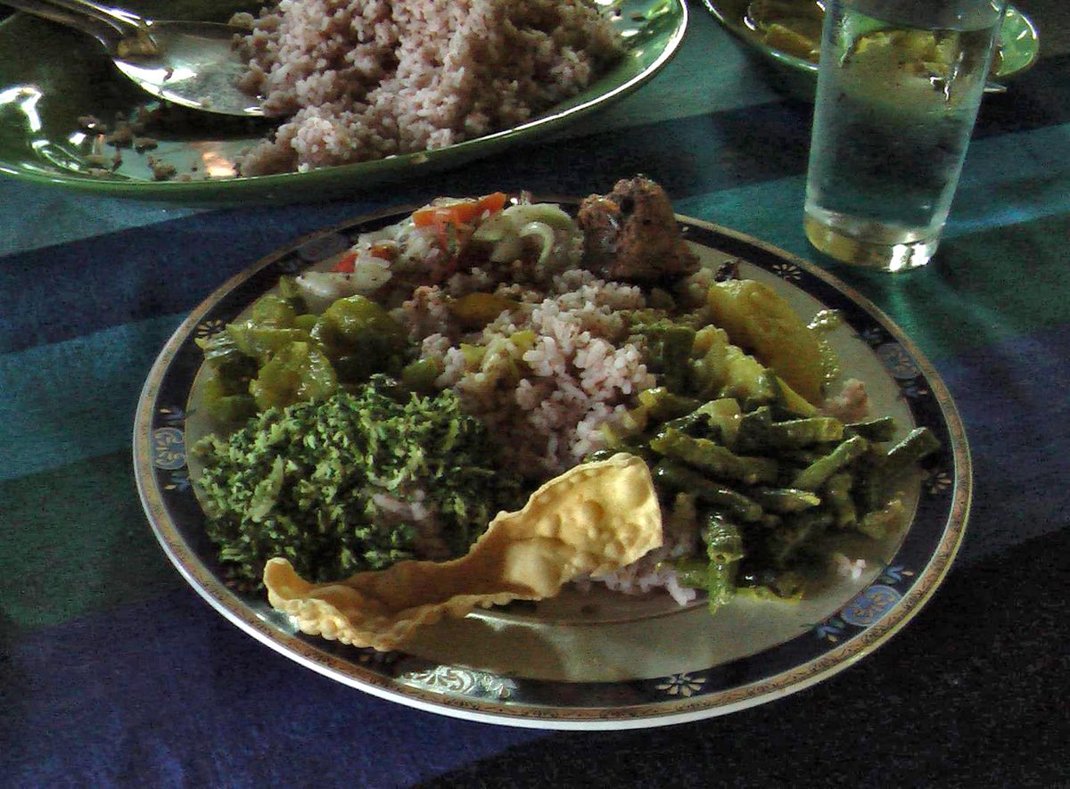 Sri Lankan rice and curry with several side dishes