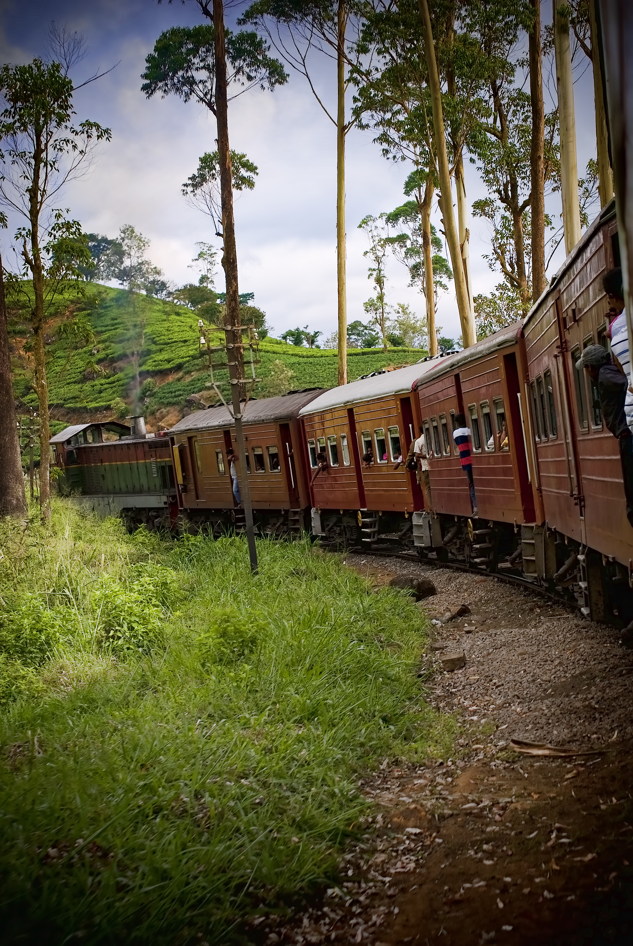 Sri Lanka Railways passenger train travelling through lush green hills on the journey to Ella
