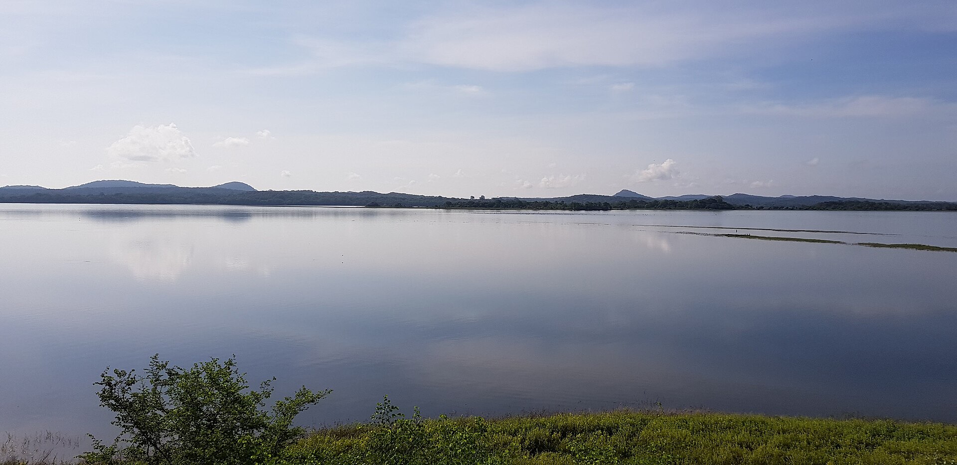 Dusk over the Tissa Wewa reservoir near Tissamaharama, with paddy fields and jungle in the foreground