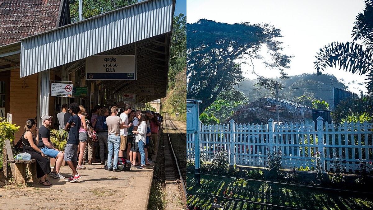 Sri Lanka hotel complaint data study - two railway station scenes near Ella, where hot water complaints carry the deepest score penalty of any amenity in the review corpus